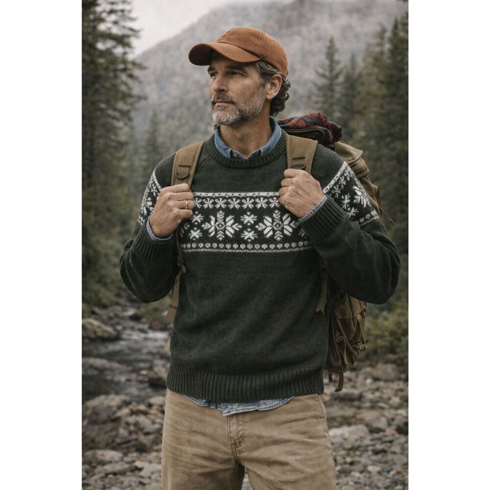 Vintage Eddie Bauer Green and White Lambswool Crewneck Sweater XL